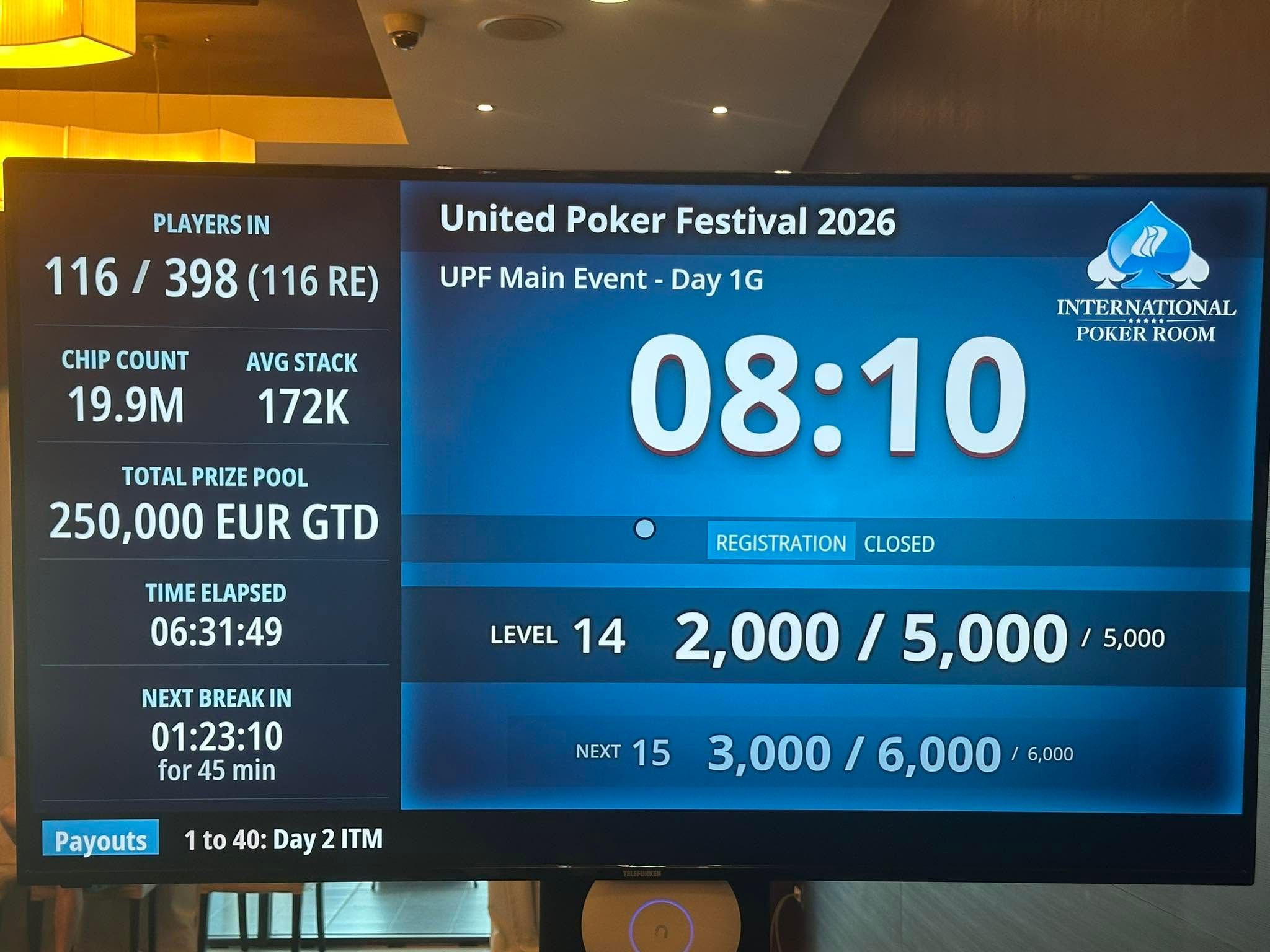 LetsPoker tournament clock at the UPF Main Event